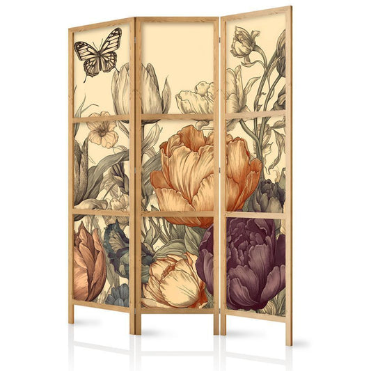 Japanese Room Divider - Tulips in Cream - Illustration of Flowers and Butterflies on a Light Background