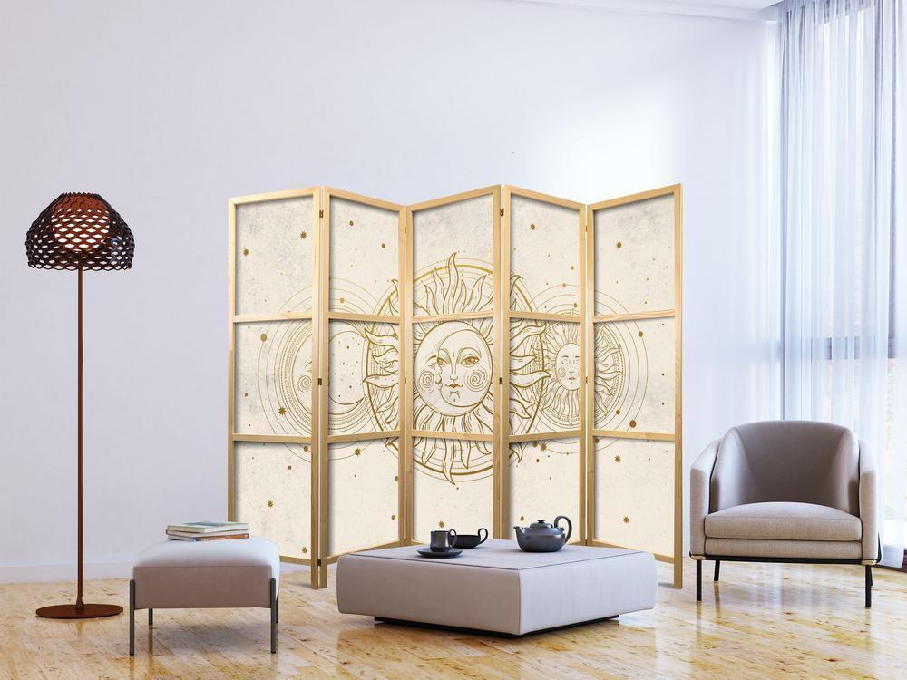 Room Divider - Golden Sun and Moon - Artistic Retro Style Illustration- A 5 Panel Folding Screen For Living rooms, bedrooms or home office, decorative folding screen made with wood and canvas