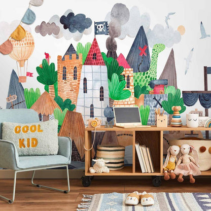 Wall Mural - A colourful treasure island with a castle - a pirate ship at sea for children