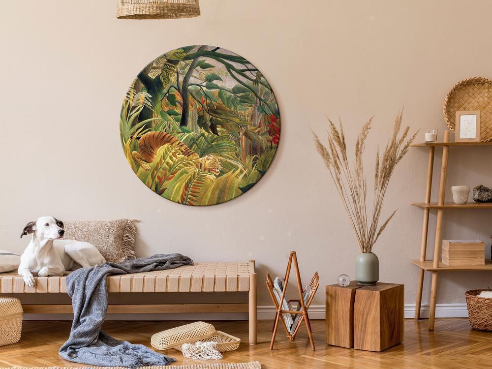 Circle shape wall decoration with printed design - Round Canvas Print - Tiger in a Tropical Storm (Henri Rousseau) - ArtfulPrivacy