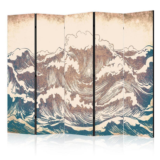 Room Divider - Turbulent Ocean - High Waves in Brown And Navy Colors on a Beige Background in Vintage Style- A 5 Panel Folding Screen For Living rooms, bedrooms or home office, decorative folding screen made with wood and canvas