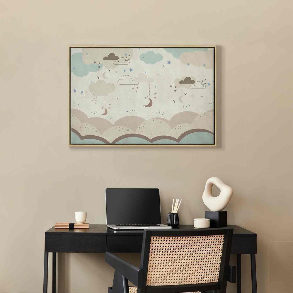 Canvas Print - Cloudy Night Sky - Moons in Brown and Beige Hues Among Clouds and Numerous Little Stars on a Light Background