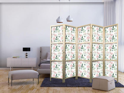 Japanese Room Divider - Peonies - Pink and White Flowers and Green Leaves on a White Background