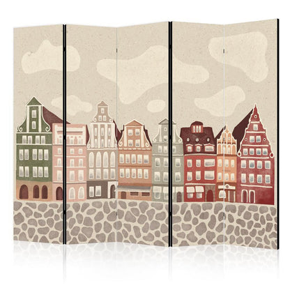 Room Divider - Salt Square - Colorful Illustrated Townhouses Against a Sky with Clouds Background- A 5 Panel Folding Screen For Living rooms, bedrooms or home office, decorative folding screen made with wood and canvas