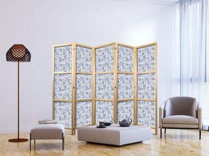 Japanese Room Divider - Illustration in Vintage Style - Blue Flowers on a White Background