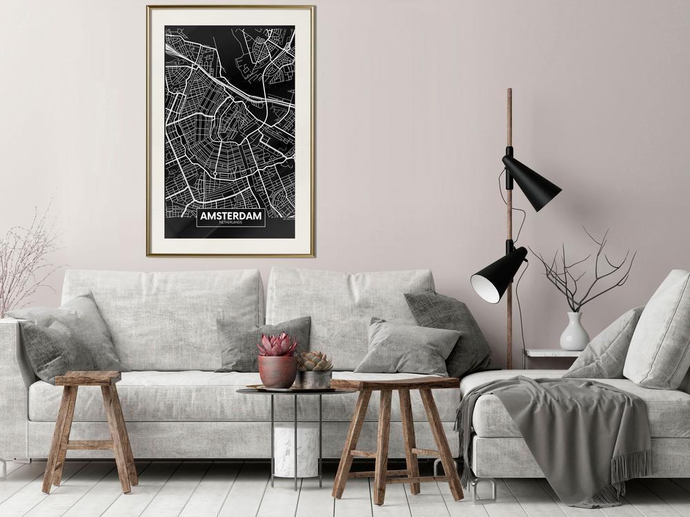 Wall Art Framed - City Map: Amsterdam (Dark)-artwork for wall with acrylic glass protection