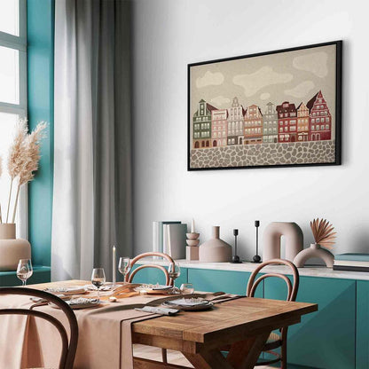 Canvas Print - Salt Square - Colorful Illustrated Townhouses Against a Cloudy Sky Background