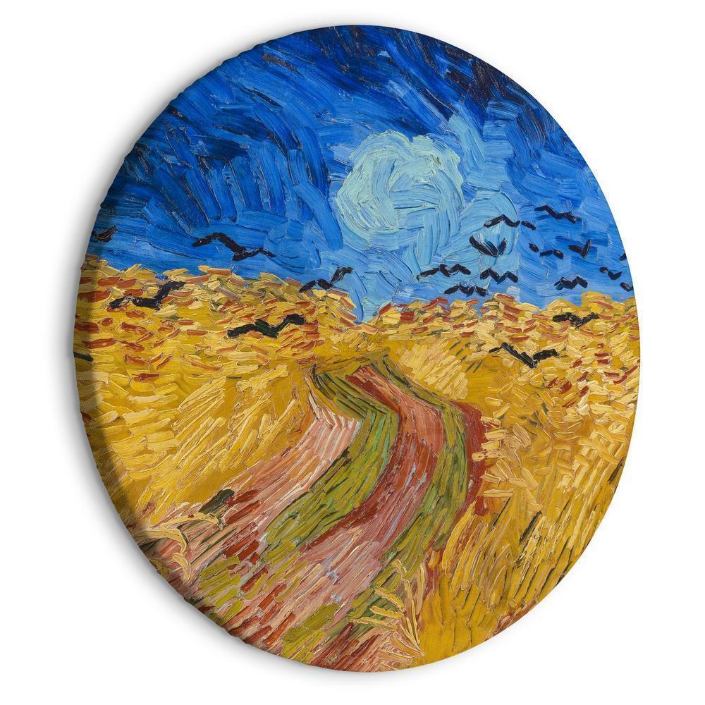Circle shape wall decoration with printed design - Round Canvas Print - Round Wheat Field With Crows Vincent Van Gogh - Summer Countryside Landscape - ArtfulPrivacy