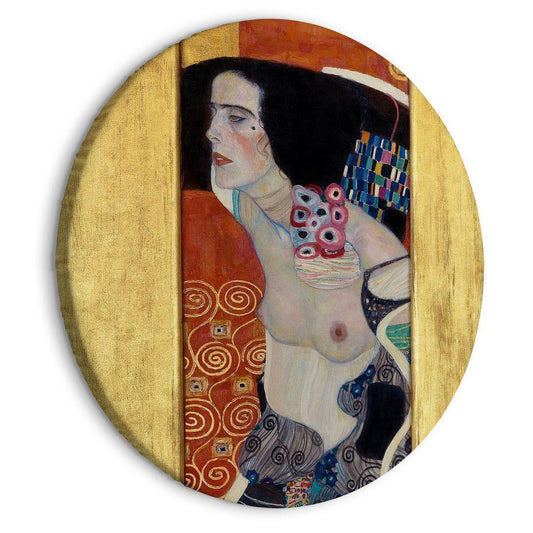 Circle shape wall decoration with printed design - Round Canvas Print - Round Judith II Gustav Klimt - Abstract Portrait of a Half-Naked Woman - ArtfulPrivacy