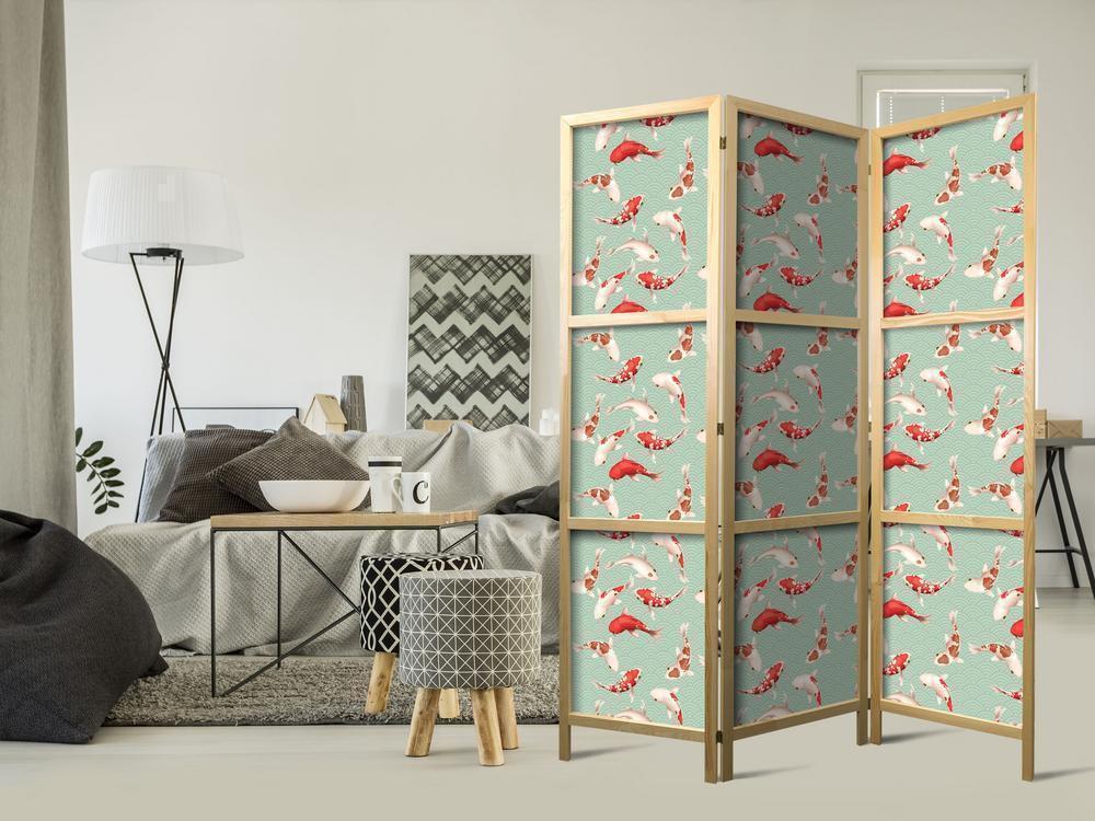 Japanese Room Divider - Fish and Japanese Pattern - Koi Fish in Orange-Cream Colors on a Green-Mint Background with an Oriental Pattern