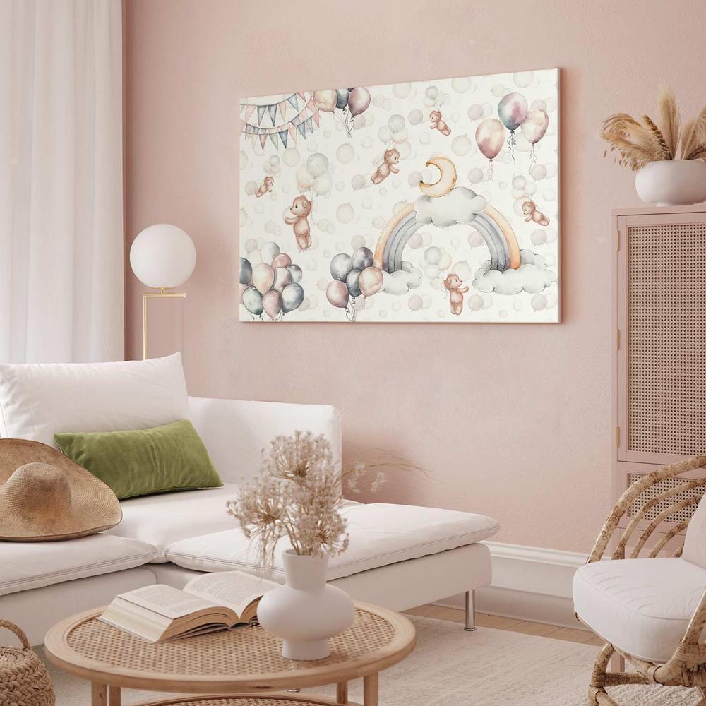 Canvas Print - Toy Bears with Balloons - Flying Plush Bears Among Balloons Clouds and Rainbows in Subtle Pastel Hues