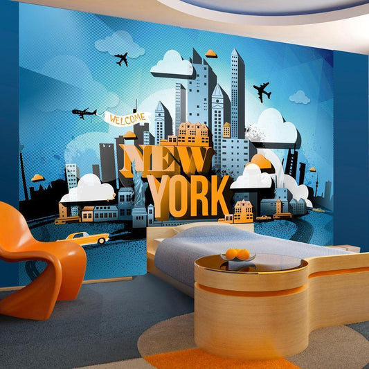 Wall Mural - Street Art - Yellow New York Text with Skyscraper and Car Motif-Wall Murals-ArtfulPrivacy