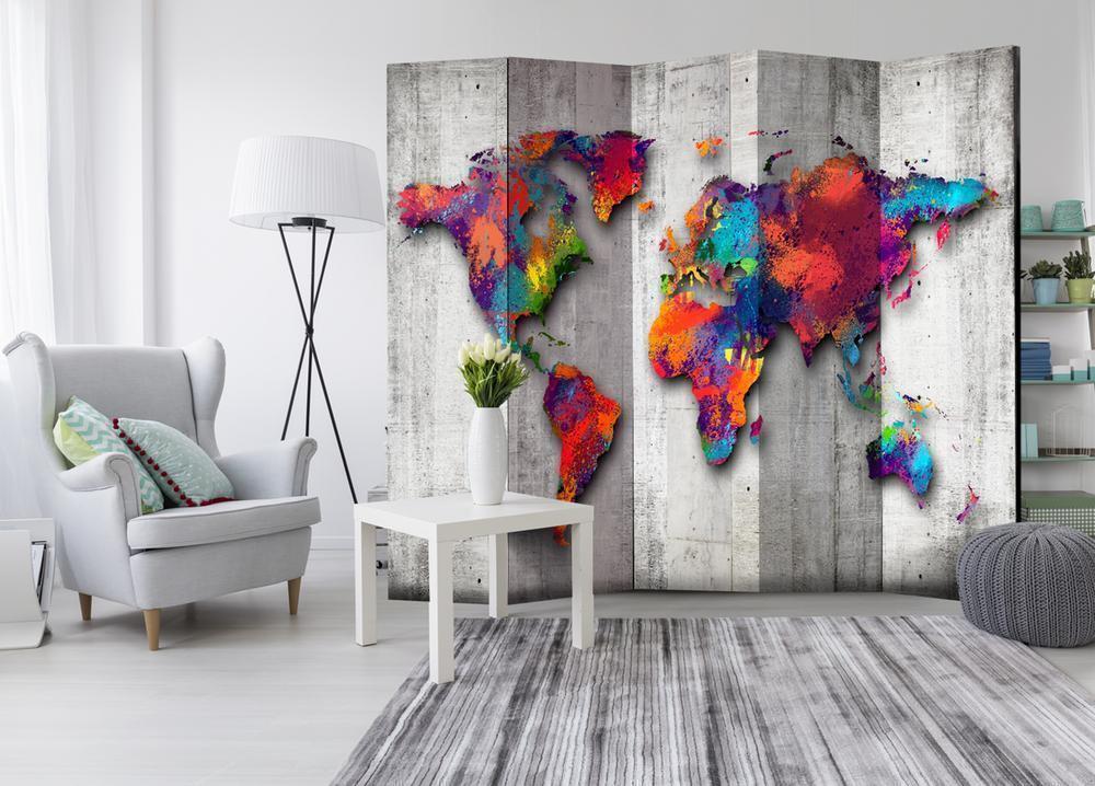 Room Divider - Concrete World- A 5 Panel Folding Screen For Living rooms, bedrooms or home office, decorative folding screen made with wood and canvas