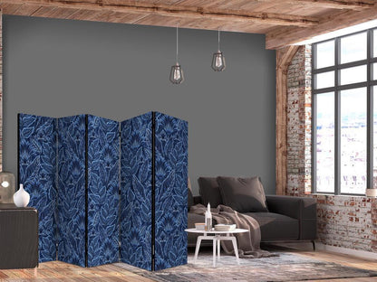 Room Divider - Dense Vegetation - Botanical Patterns in Illustrative Style Blue- A 5 Panel Folding Screen For Living rooms, bedrooms or home office, decorative folding screen made with wood and canvas