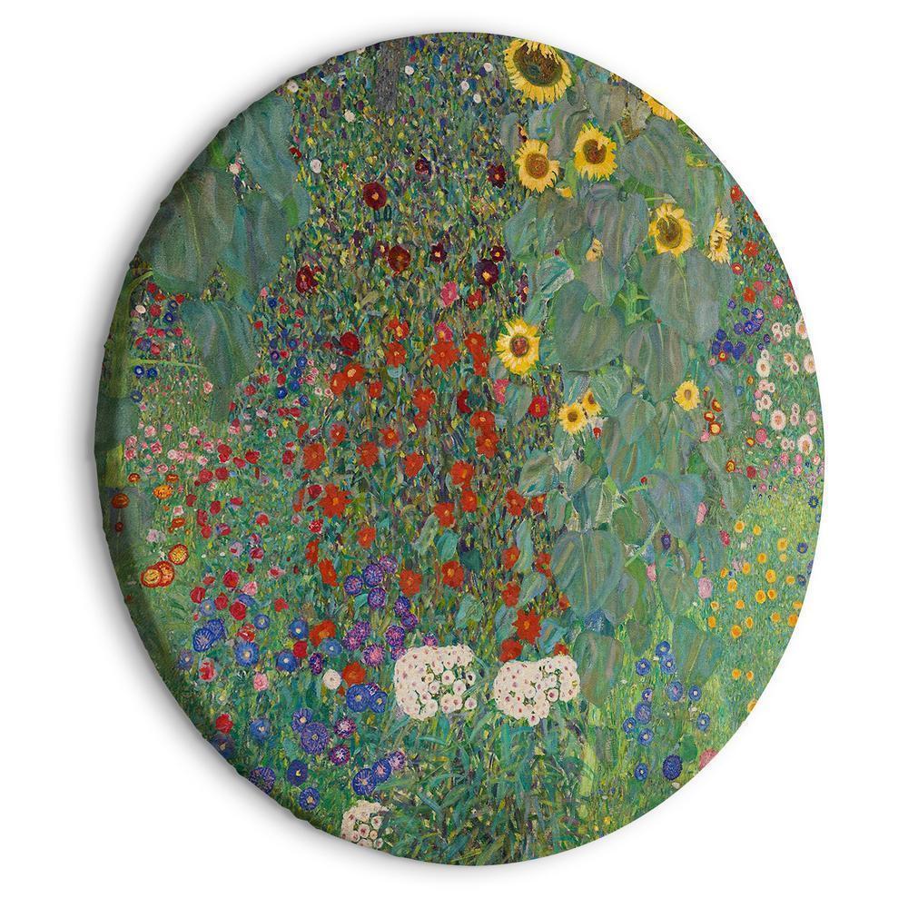 Circle shape wall decoration with printed design - Round Canvas Print - Round Country Garden With Sunflowers Gustav Klimt - Multi-Colored Flowers - ArtfulPrivacy