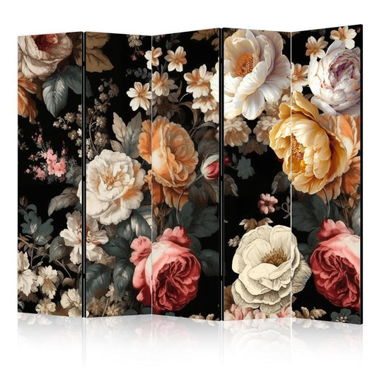 Room Divider - Floristry in Vintage Style - a Plethora of Colorful Flowers on a Black Background- A 5 Panel Folding Screen For Living rooms, bedrooms or home office, decorative folding screen made with wood and canvas