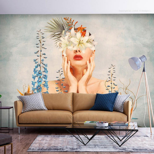 Wall Mural - Nature in thought - female figure among flowers on a patterned background-Wall Murals-ArtfulPrivacy