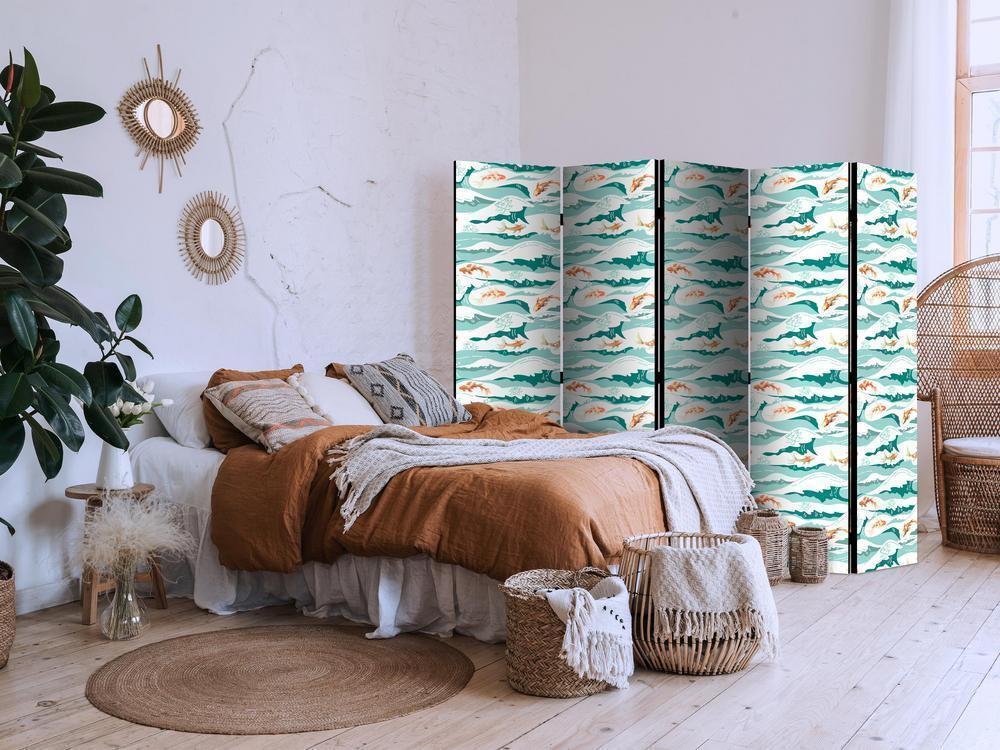 Room Divider - Fish Jumping Above The Waves - Oriental Fish And Water Lilies Among High Waves in Shades of Sea Green- A 5 Panel Folding Screen For Living rooms, bedrooms or home office, decorative folding screen made with wood and canvas