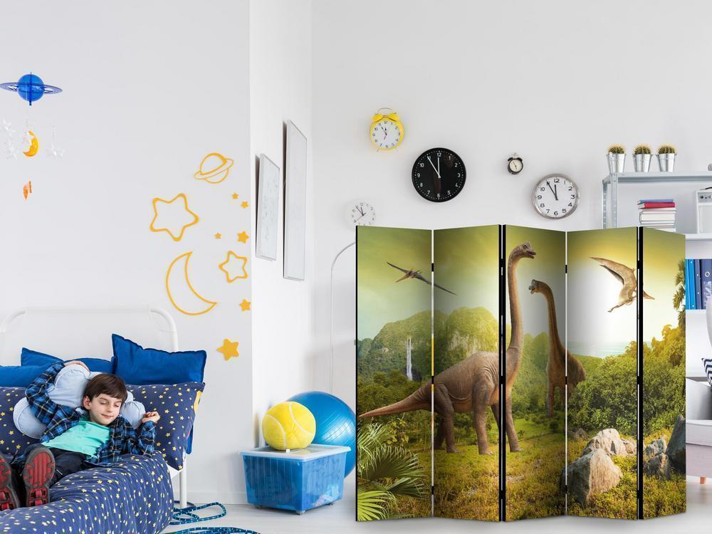 Room Divider - Dinosaurs II- A 5 Panel Folding Screen For Living rooms, bedrooms or home office, decorative folding screen made with wood and canvas