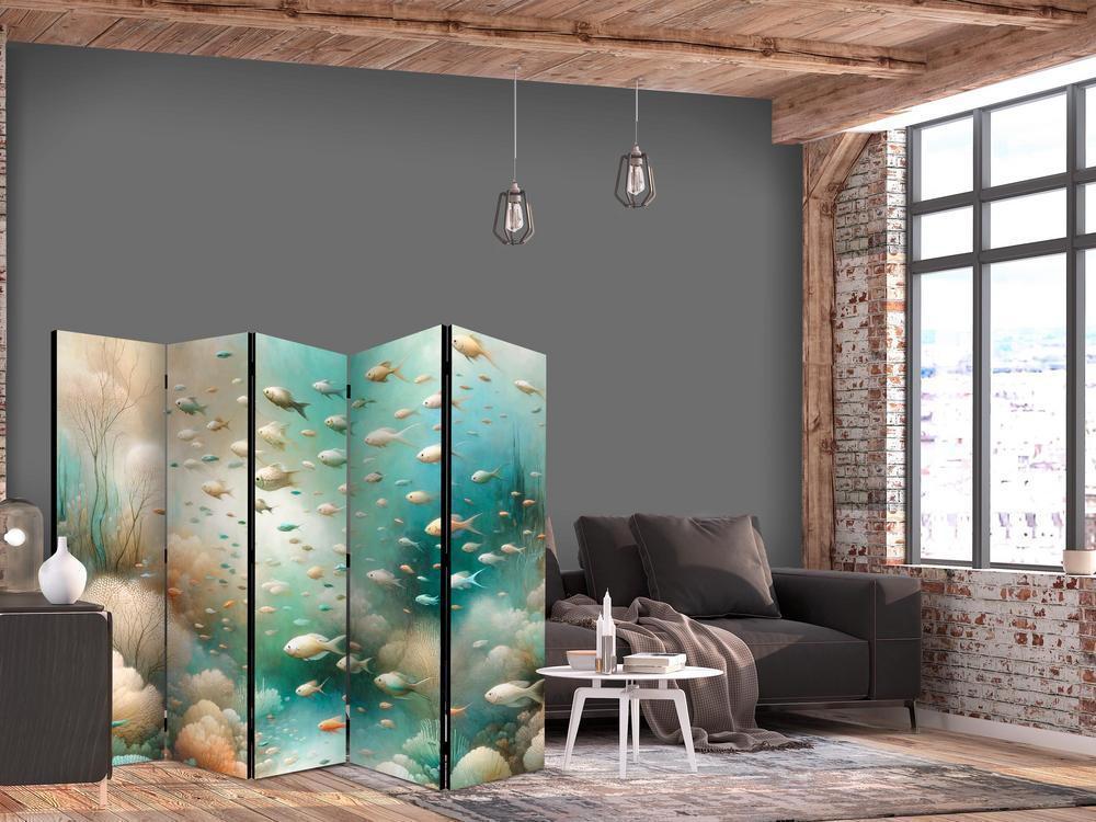 Room Divider - Spectacular Underwater Landscape - Fish in an Underwater World in Turquoise Blue Beige and Delicate Orange Colors- A 5 Panel Folding Screen For Living rooms, bedrooms or home office, decorative folding screen made with wood and canvas