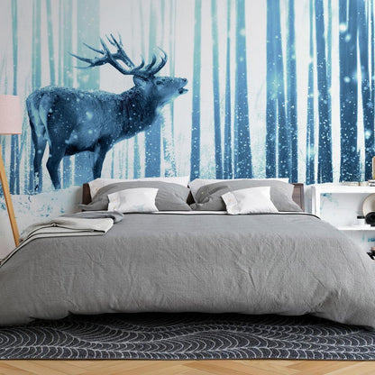 Wall Mural - Winter animals - deer motif on a forest background in shades of blue