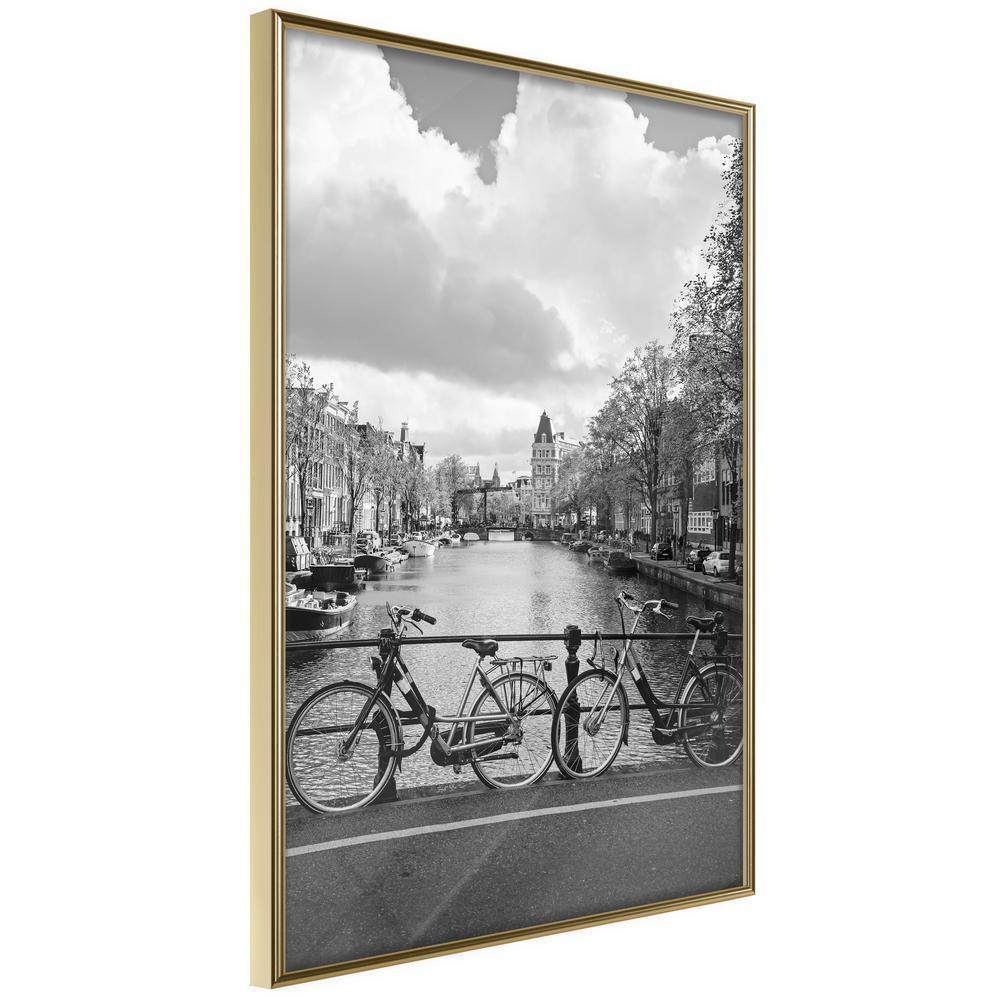 Black and White Framed Poster - Bicycles Against Canal-artwork for wall with acrylic glass protection