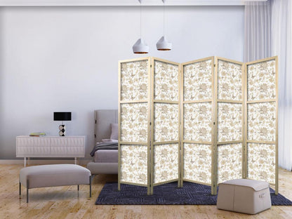 Japanese Room Divider - Beige Shades of Nature - Flowers and Butterflies on a White Background - Illustration