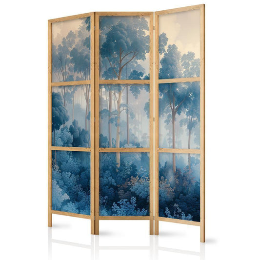 Japanese Room Divider - Landscape with Trees in Illustrative Style - Fairy-Tale Blue Forest