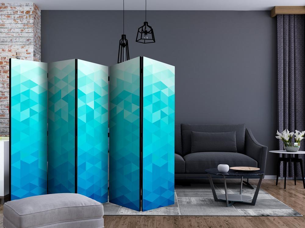 Room Divider - Azure pixel II- A 5 Panel Folding Screen For Living rooms, bedrooms or home office, decorative folding screen made with wood and canvas