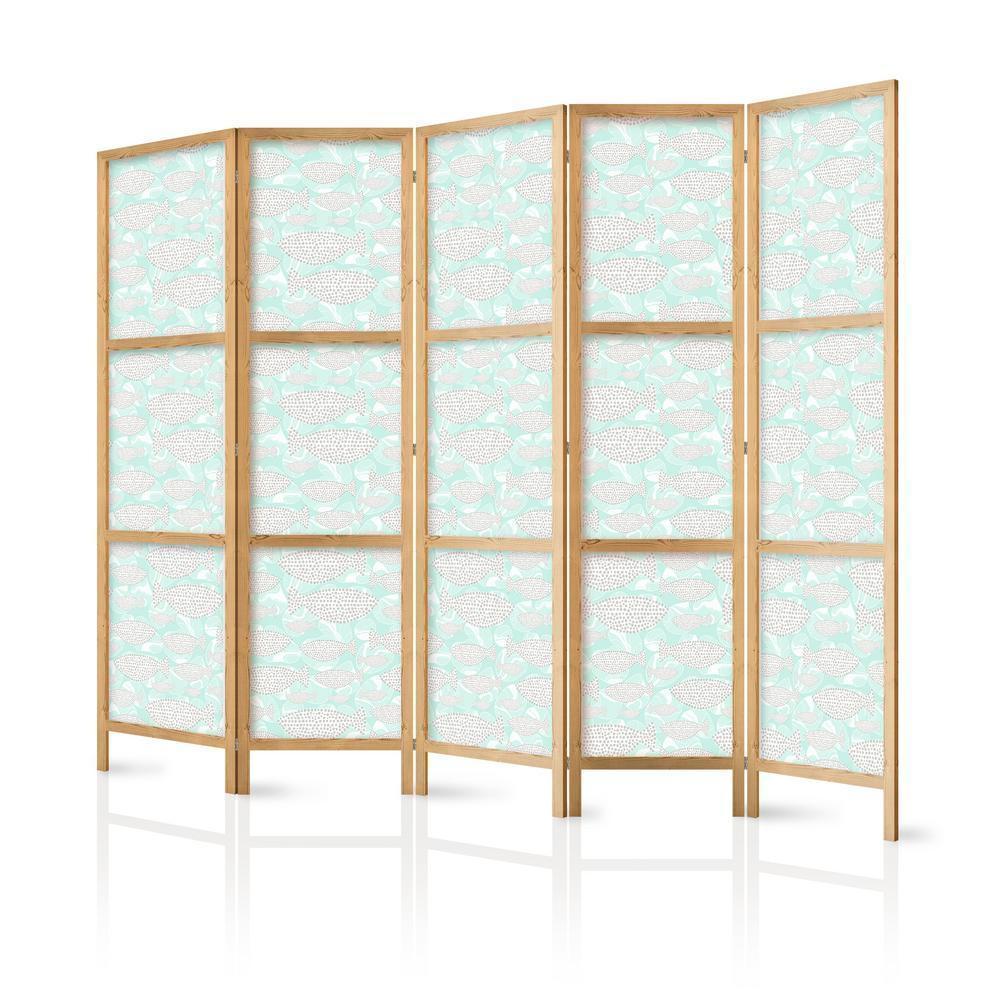 Japanese Room Divider - Minimalist Fish - Fishes From Grey Dots Against a Crystal Sheet of Water in Mint Green Colors