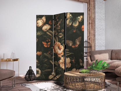 Room Divider - Mysterious Garden - Butterflies Flying Over Flowers - Rustic Evening