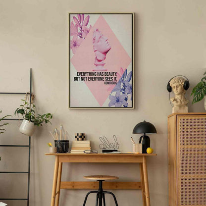 Canvas Print - Beauty in the Eyes - Inspirational Quote with Pink Bust and Flowers