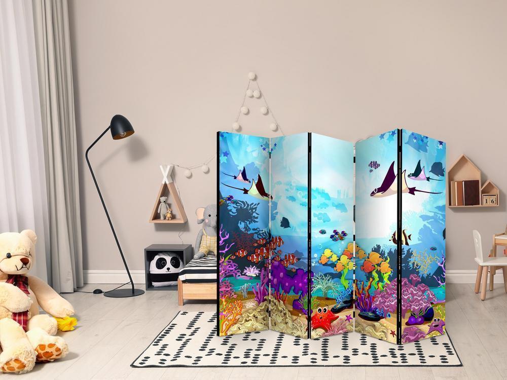 Room Divider - Underwater Fun II- A 5 Panel Folding Screen For Living rooms, bedrooms or home office, decorative folding screen made with wood and canvas