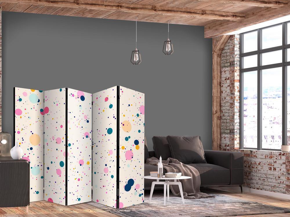 Room Divider - Dots - Spots and Splashes Multicolored - Cheerful Pattern on a Light Pink Background- A 5 Panel Folding Screen For Living rooms, bedrooms or home office, decorative folding screen made with wood and canvas