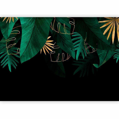 Wall Mural - Jungle and composition - motif of green and golden leaves on a black background