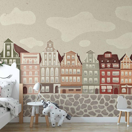 Wall Mural - Salt Square - Colorful Illustrated Townhouses Against a Cloudy Sky Background