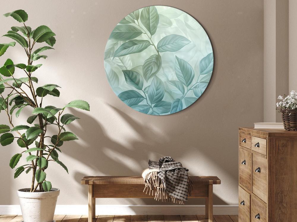 Round Canvas Print - Large Leaves in Shades of Green-Mint: Botanical Motif