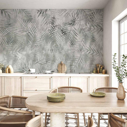 Wall Mural - Minimalist landscape - nature motif with grey exotic leaves