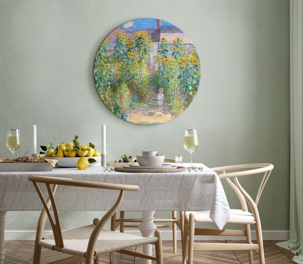 Circle shape wall decoration with printed design - Round Canvas Print - Claude Monet’s Garden at Vétheuil - Farmhouse With Sunflowers - ArtfulPrivacy
