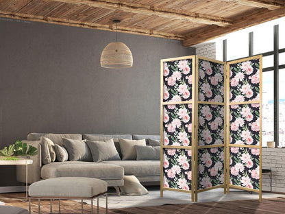 Japanese Room Divider - Peonies - Pink Flowers and Green Leaves on a Graphite Background