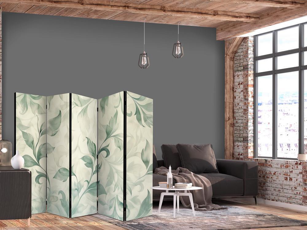 Room Divider - Watercolor Botanical Motif - Delicate Green-Beige Leaves- A 5 Panel Folding Screen For Living rooms, bedrooms or home office, decorative folding screen made with wood and canvas