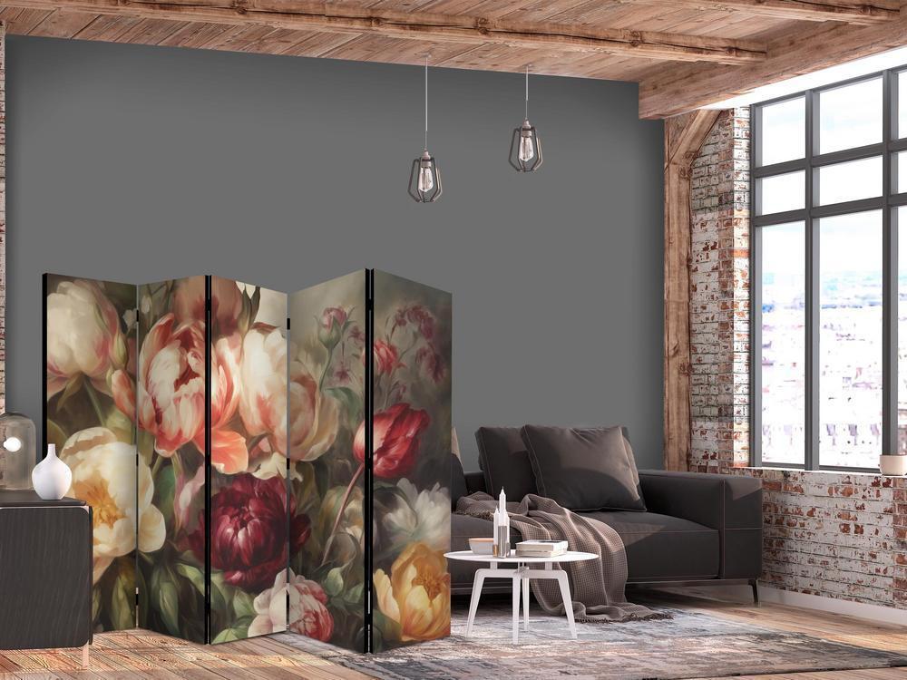 Room Divider - Blooming Peonies - Charismatic Flowers Bathed in Sunlight- A 5 Panel Folding Screen For Living rooms, bedrooms or home office, decorative folding screen made with wood and canvas