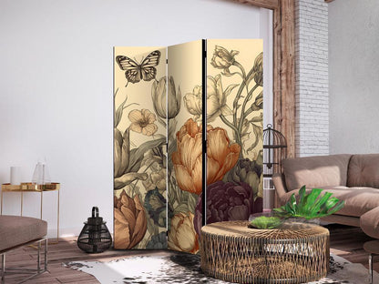 Room Divider - Tulips in Cream - Illustration of Flowers and Butterflies on a Light Background