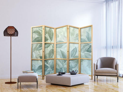 Japanese Room Divider - Large Leaves in Green-Mint Shades - Botanical Motif