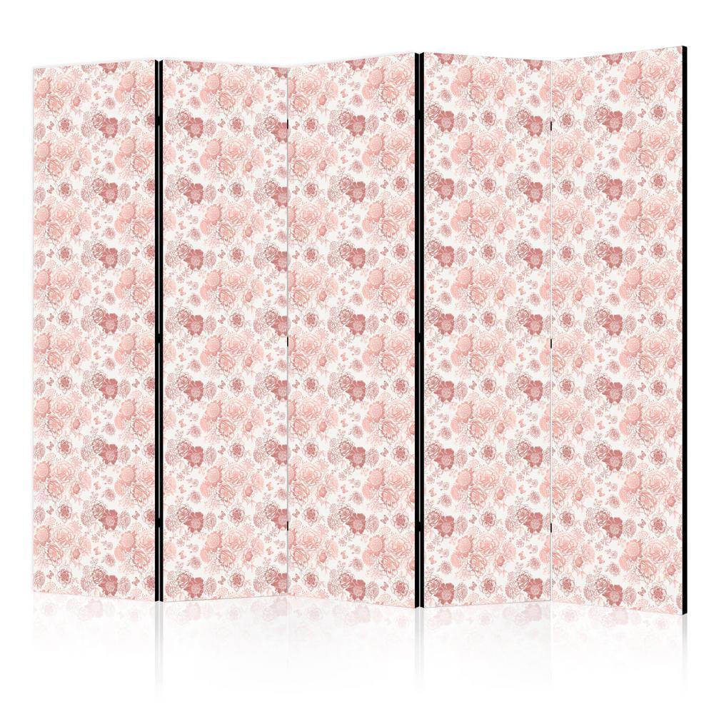 Room Divider - Pink Blossoming - Flowers in Warm Colors on a White Background- A 5 Panel Folding Screen For Living rooms, bedrooms or home office, decorative folding screen made with wood and canvas