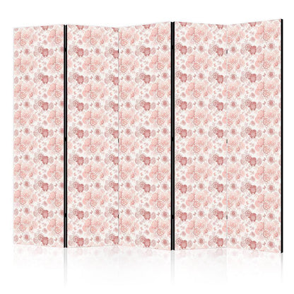 Room Divider - Pink Blossoming - Flowers in Warm Colors on a White Background- A 5 Panel Folding Screen For Living rooms, bedrooms or home office, decorative folding screen made with wood and canvas