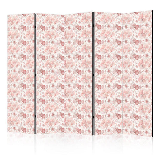 Room Divider - Pink Blossoming - Flowers in Warm Colors on a White Background- A 5 Panel Folding Screen For Living rooms, bedrooms or home office, decorative folding screen made with wood and canvas