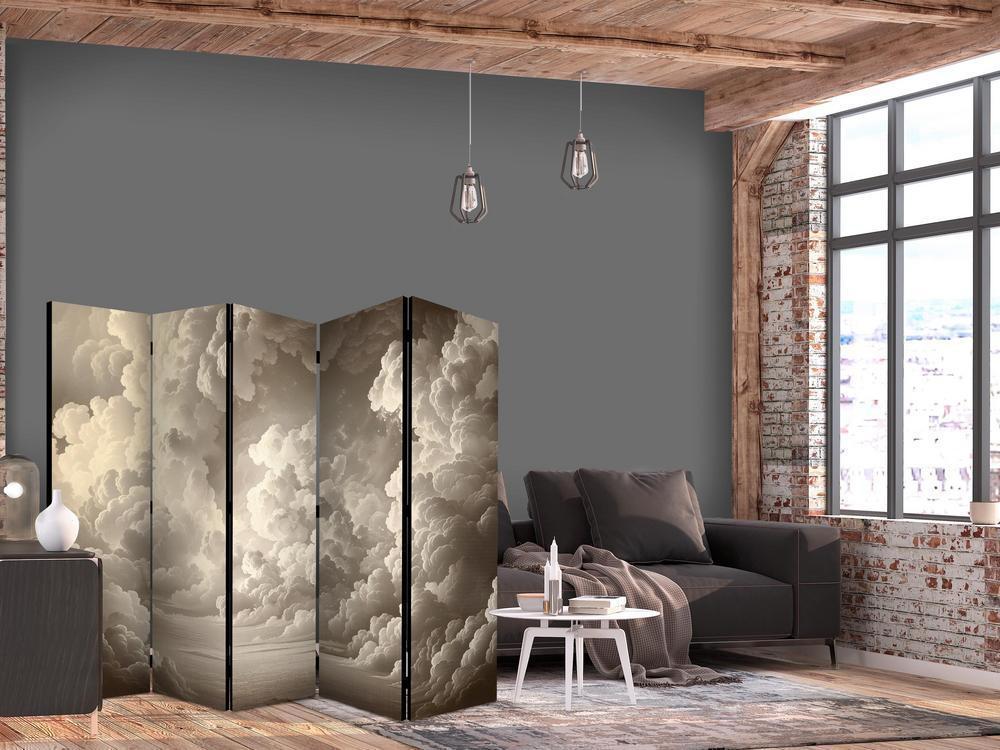 Room Divider - Whisper of Illuminated Clouds: Soft Light Play in the Sky Theater- A 5 Panel Folding Screen For Living rooms, bedrooms or home office, decorative folding screen made with wood and canvas