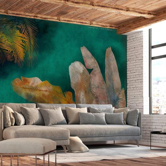 Wall Mural - Exotic jungle - plant motif with reflected leaves on a green background-Wall Murals-ArtfulPrivacy