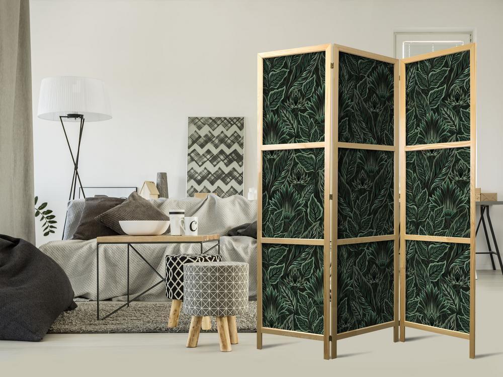 Japanese Room Divider - Dense Vegetation - Botanical Patterns in Illustrative Style Green